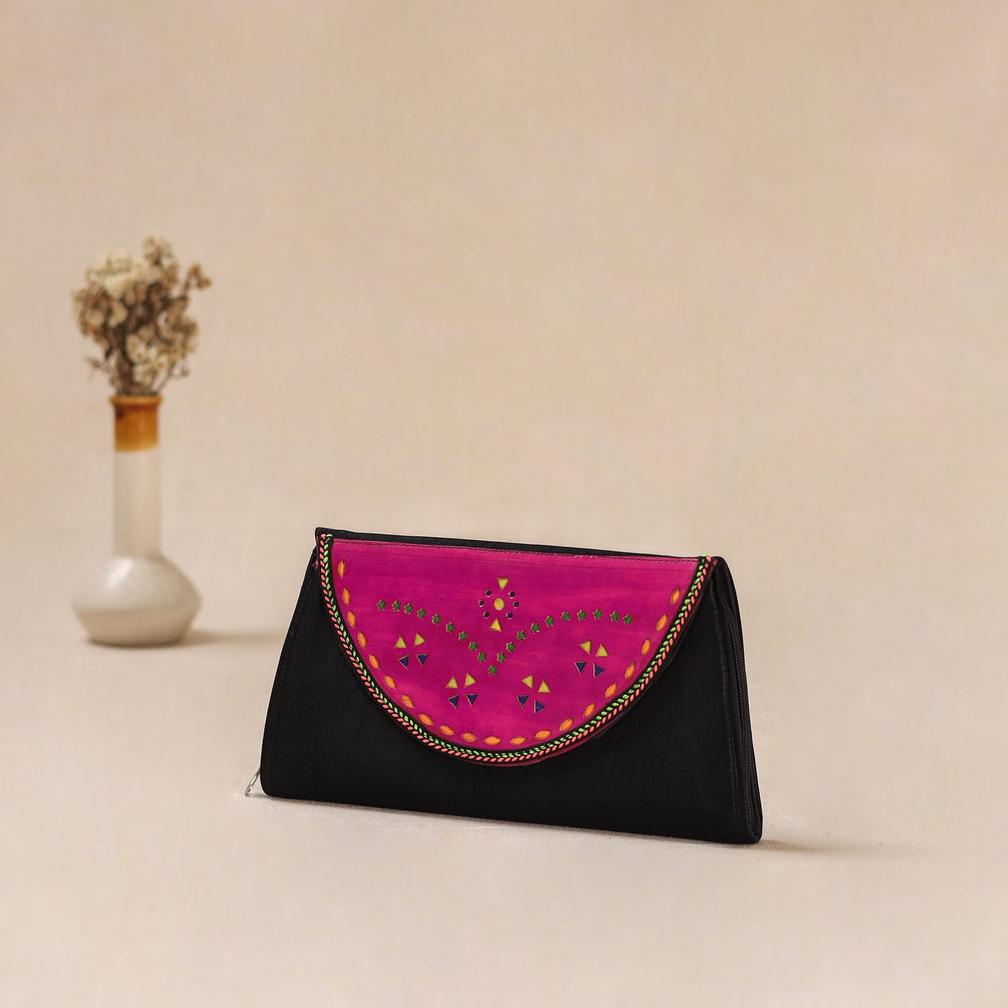 Black - Traditional Kutch Mashru Silk Leather Flap Clutch / Wallet 19