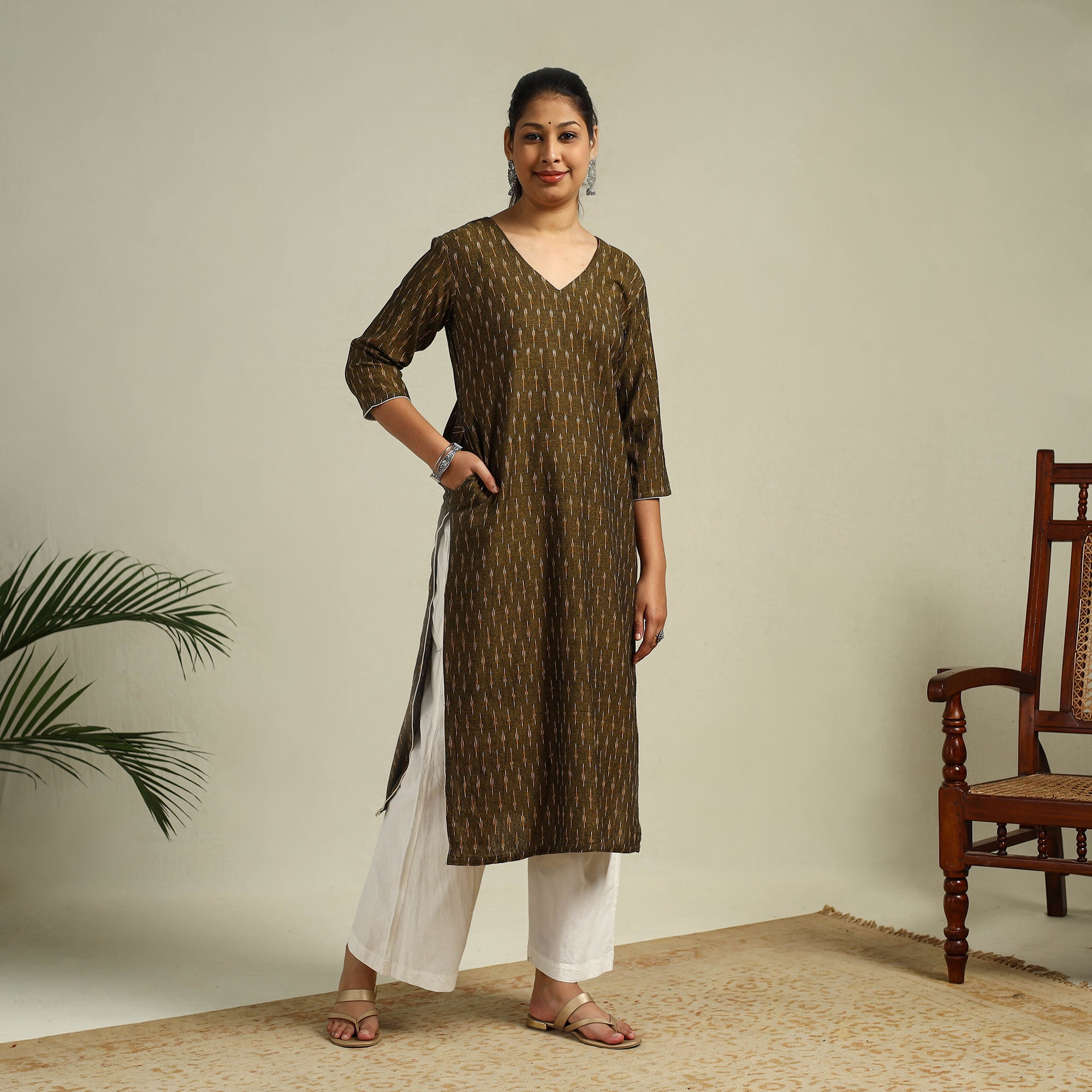 Brown - Cotton Straight Pochampally Ikat Kurta 11