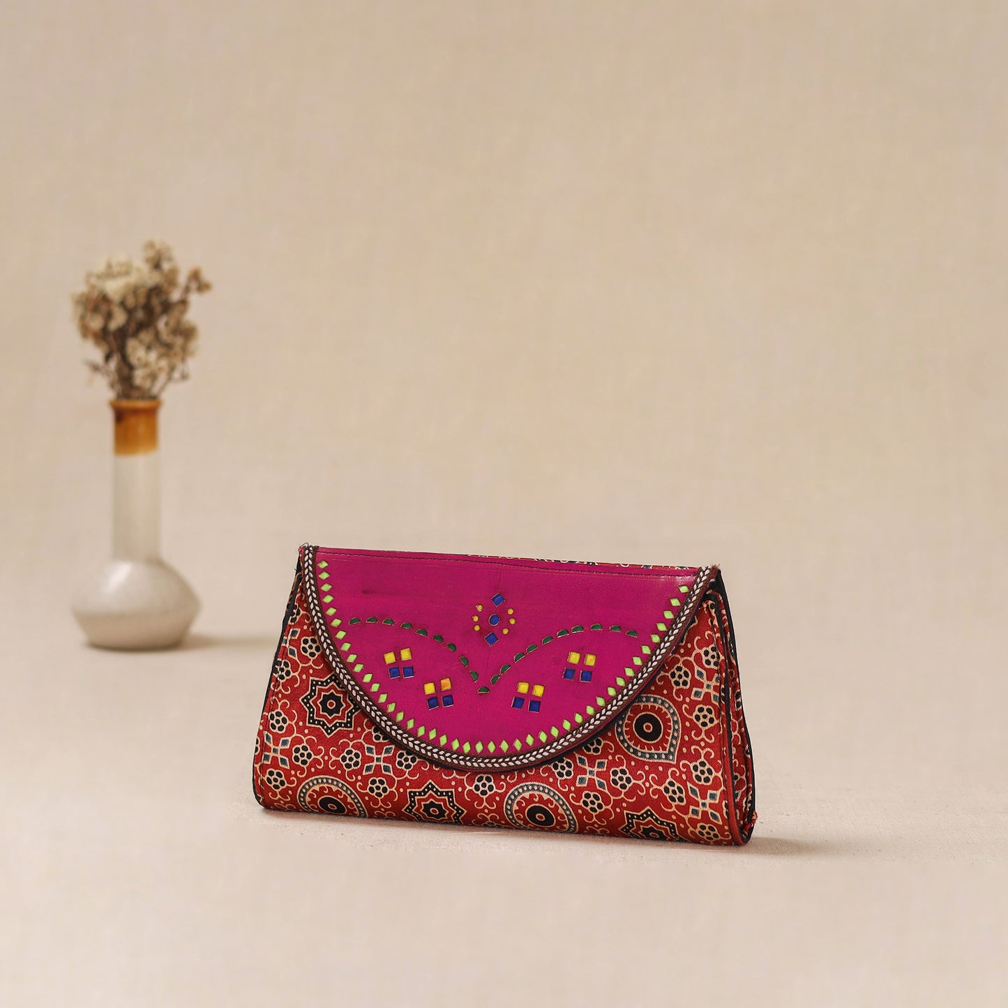 Red - Traditional Kutch Mashru Silk Leather Flap Clutch / Wallet 22
