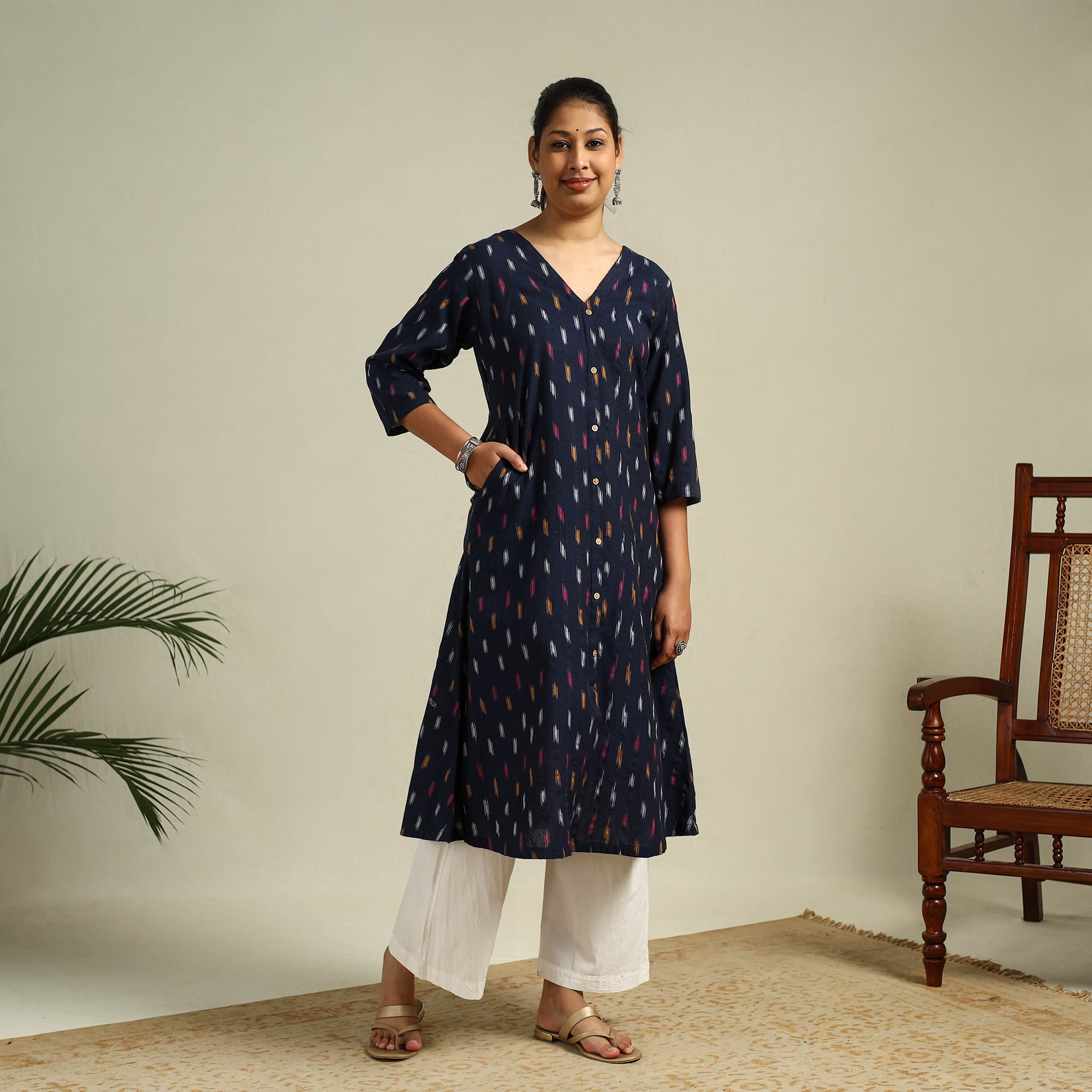 Blue - Cotton A-Line Pochampally Ikat Kurta 09