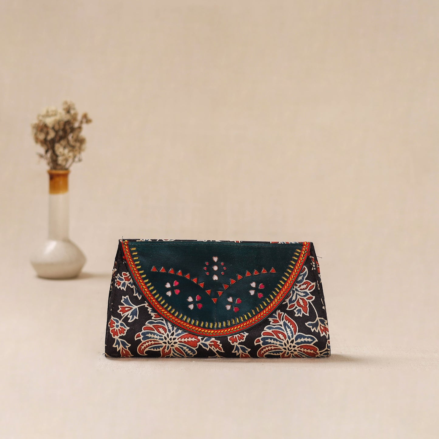 Black - Traditional Kutch Mashru Silk Leather Flap Clutch / Wallet 24
