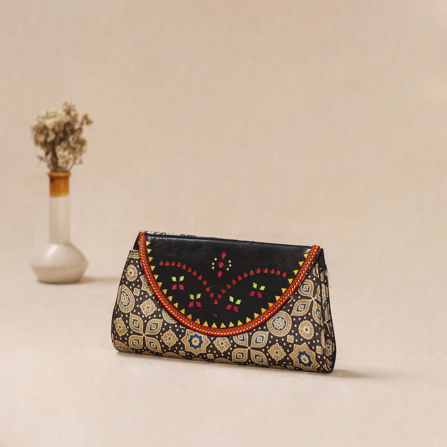 Brown - Traditional Kutch Mashru Silk Leather Flap Clutch / Wallet 25