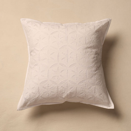 White - Applique Cut Work Cotton Cushion Cover (16 x 16 in)