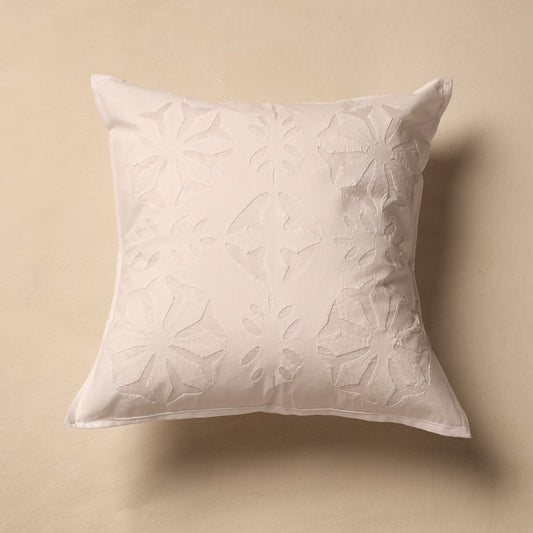 White - Applique Cut Work Cotton Cushion Cover (16 x 16 in)