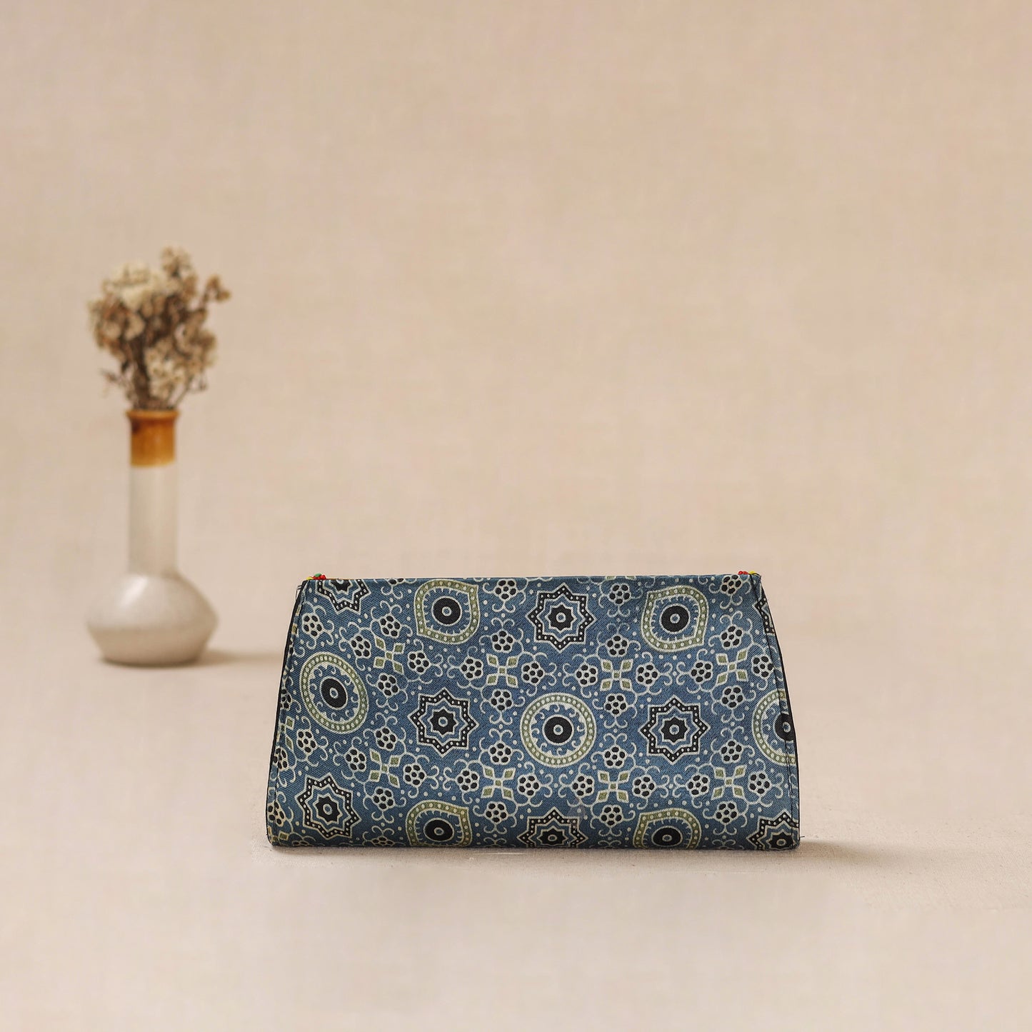 Blue - Traditional Kutch Mashru Silk Leather Flap Clutch / Wallet 27