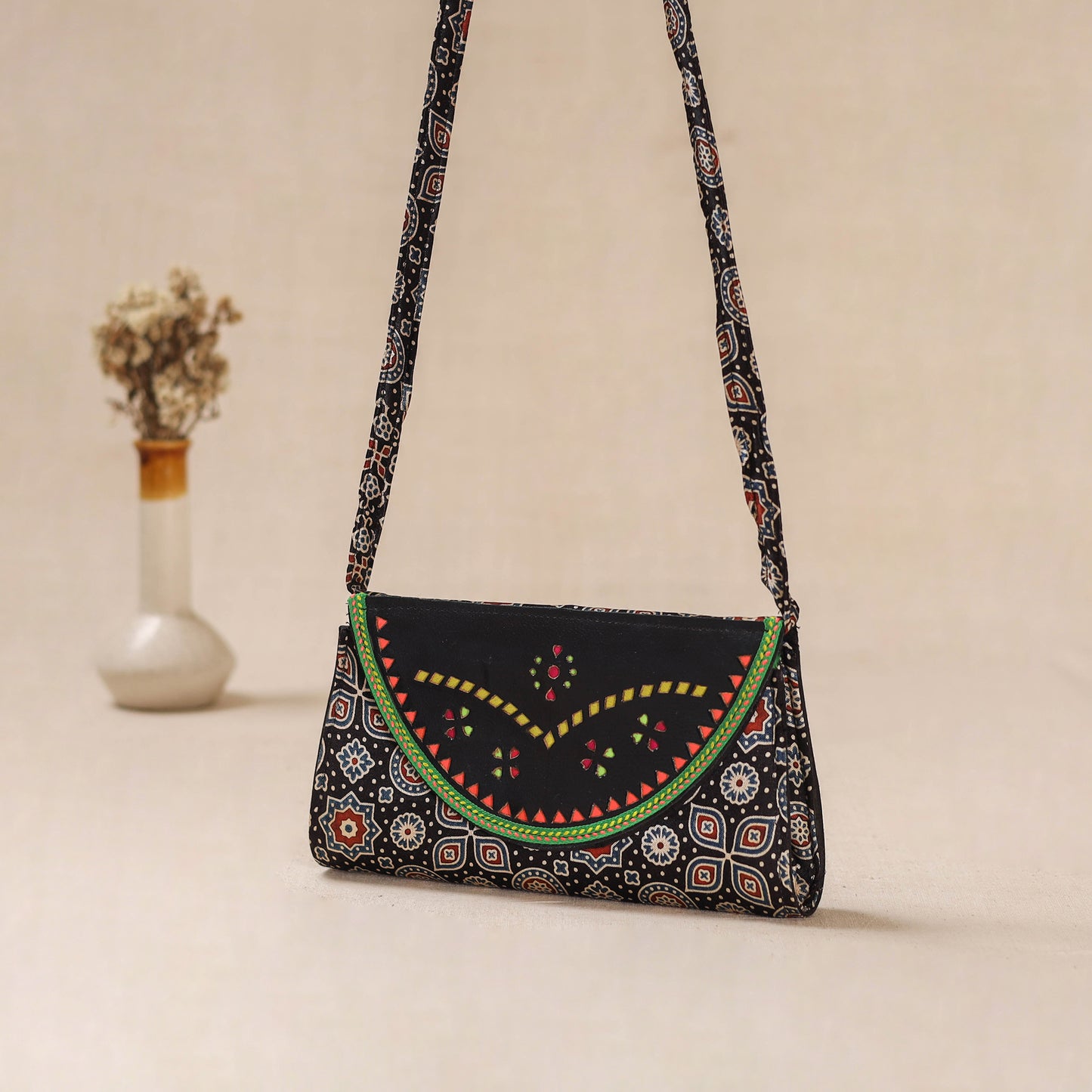 Black - Traditional Kutch Mashru Silk Leather Flap Sling Bag 29