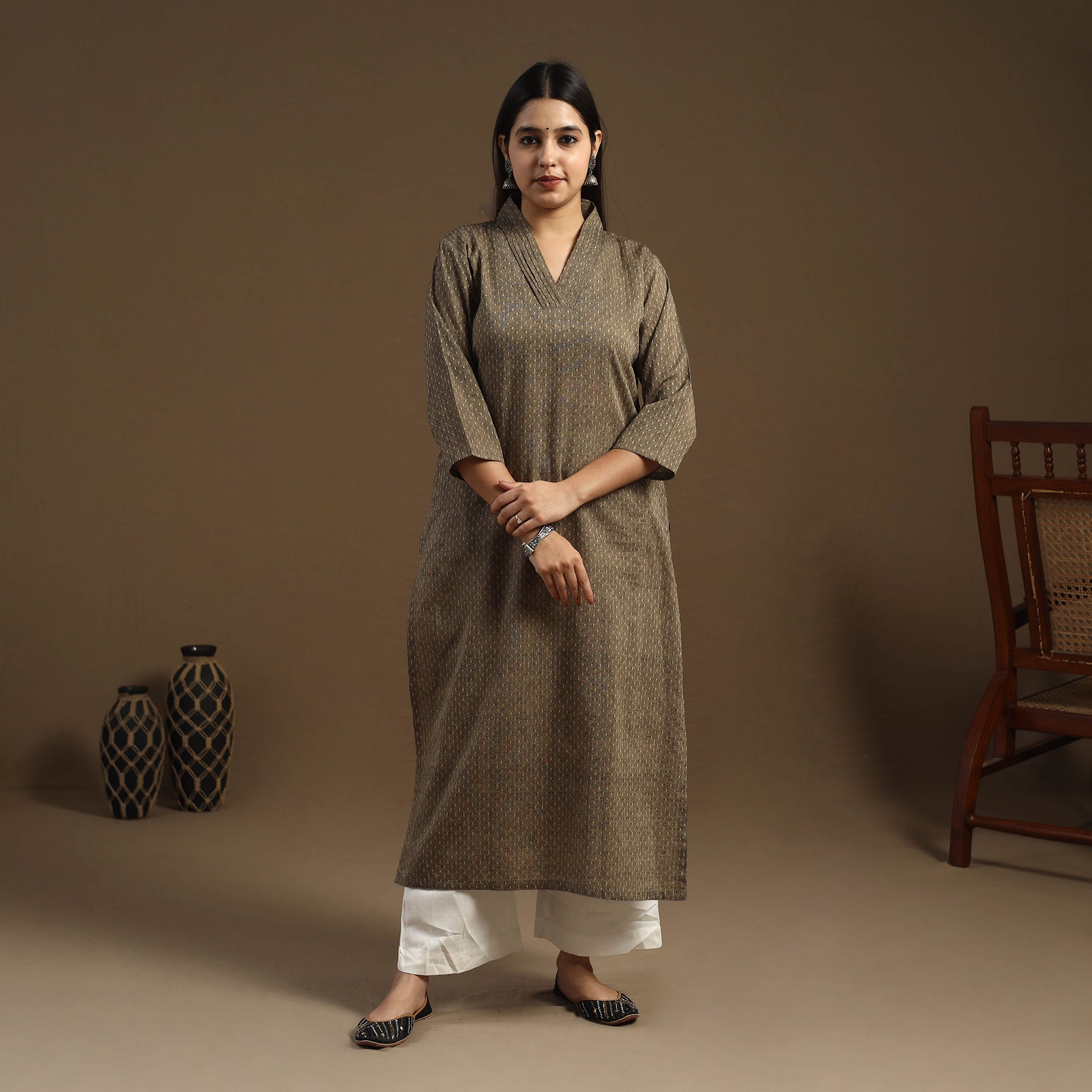 Brown - Straight Cotton Jacquard Kurta 03