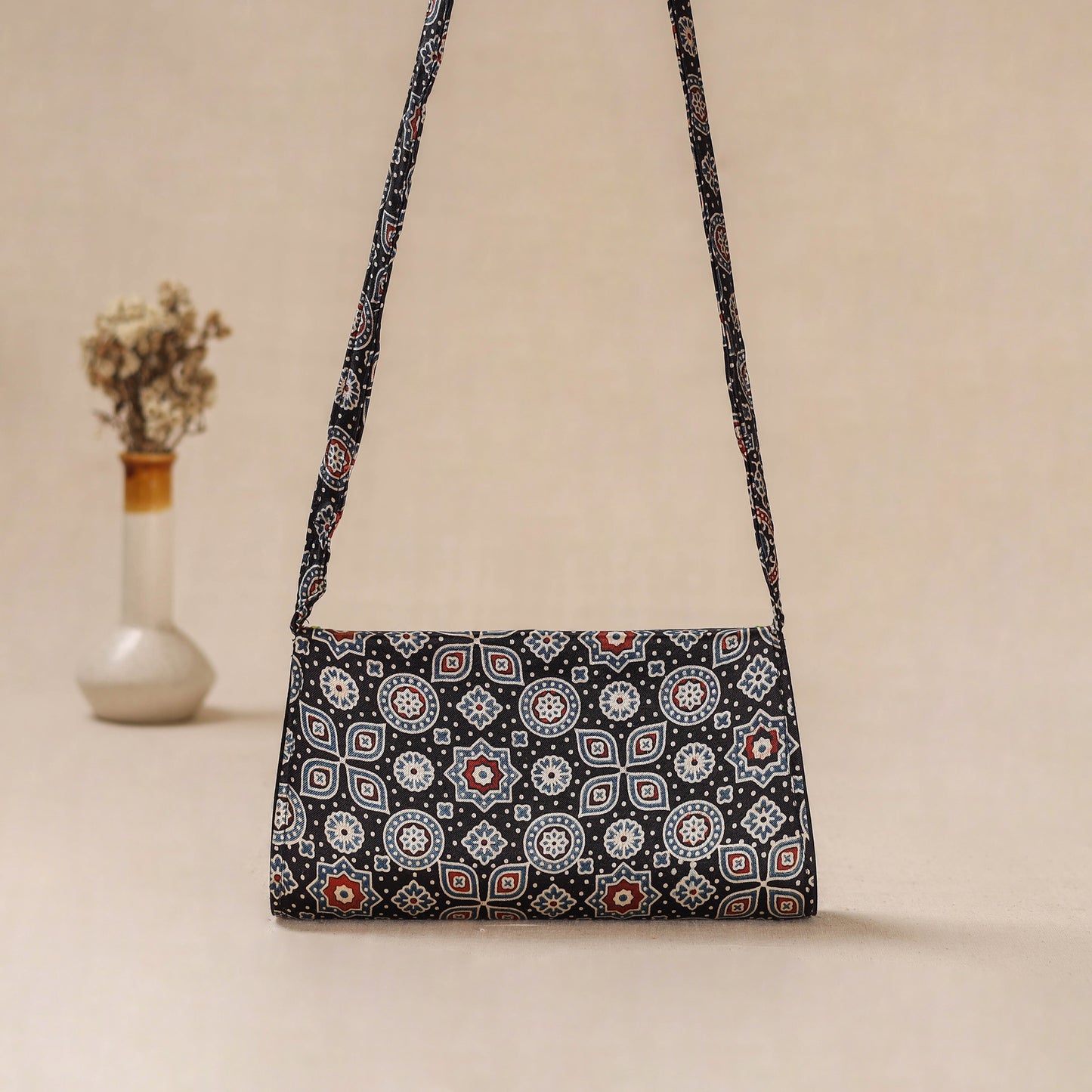 Black - Traditional Kutch Mashru Silk Leather Flap Sling Bag 29