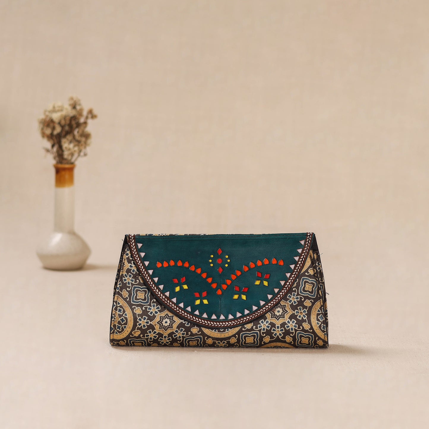 Traditional Kutch Mashru Silk Leather Flap Clutch / Wallet 30