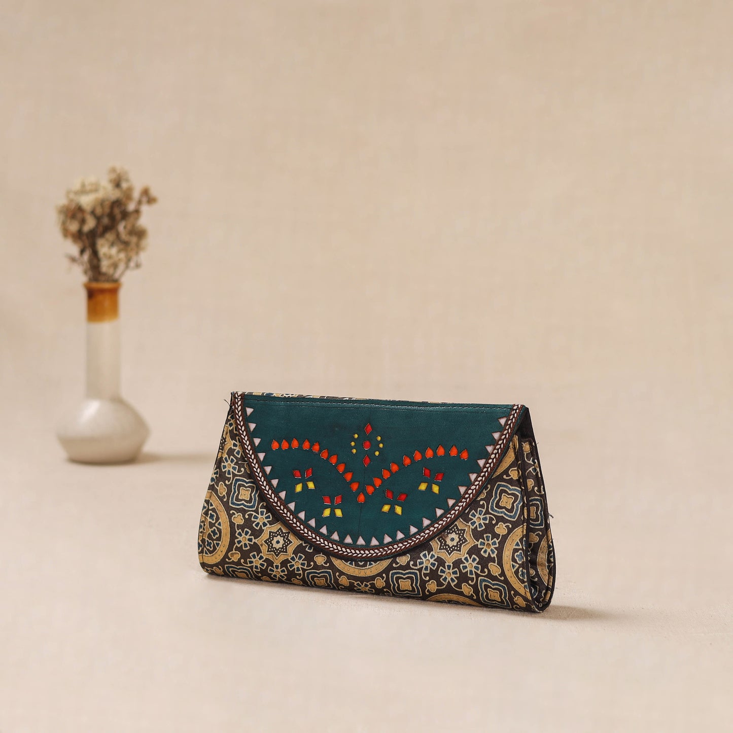 Traditional Kutch Mashru Silk Leather Flap Clutch / Wallet 30