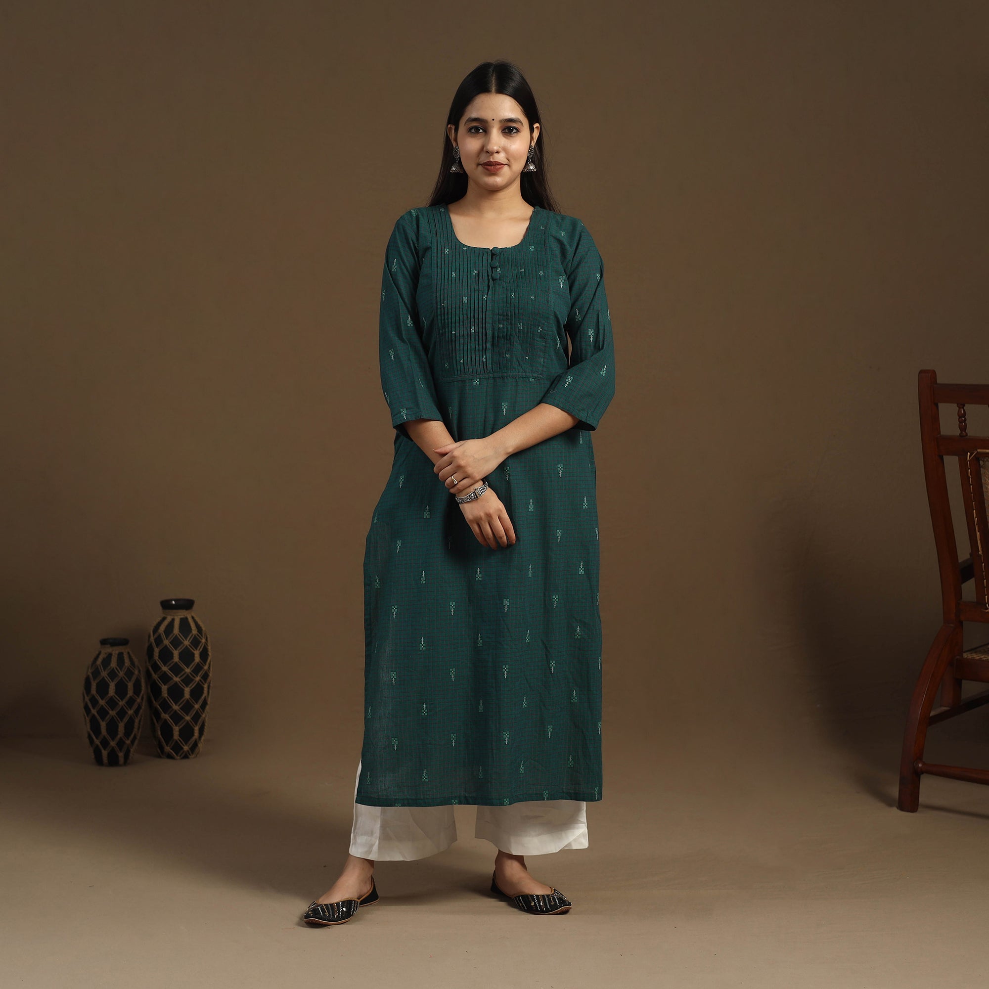 Green - Pintuck Straight Cotton Jacquard Long Kurta 05
