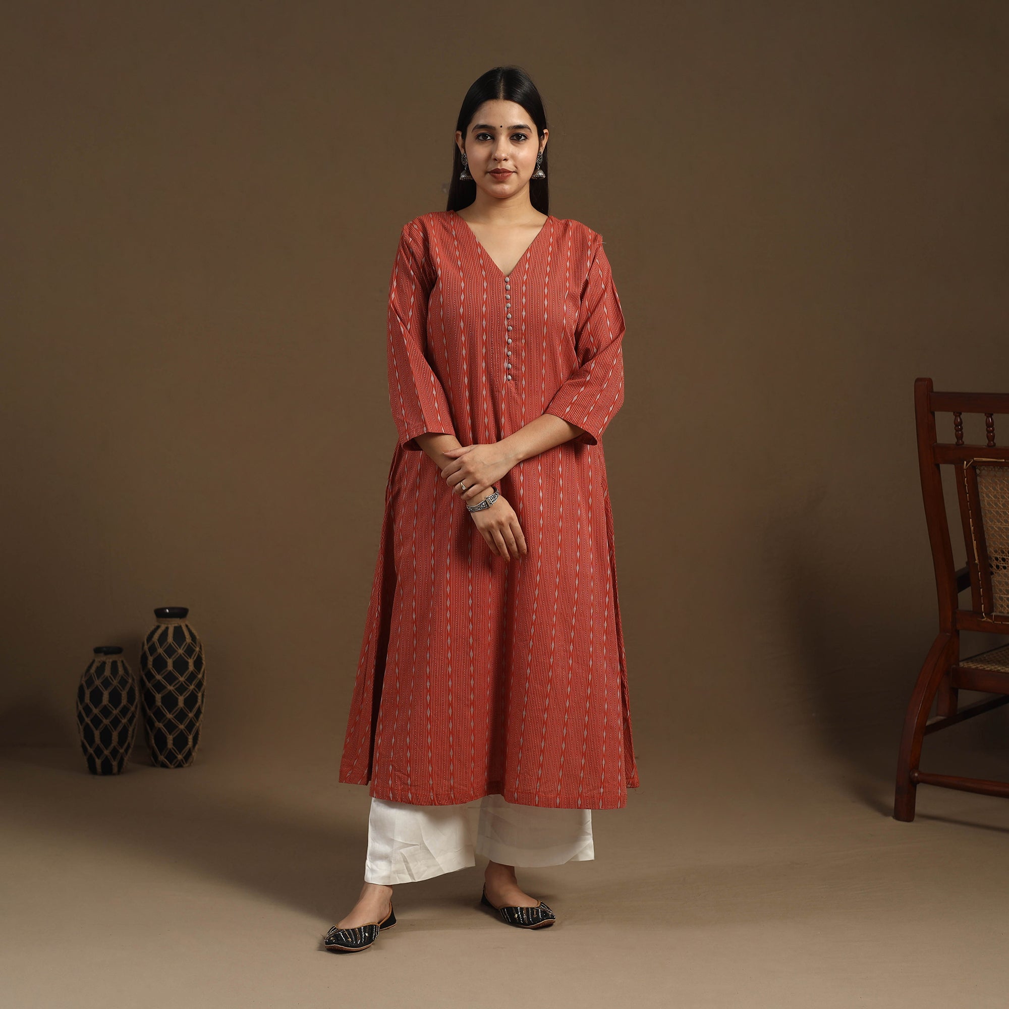 Red - A-Line Cotton Jacquard Kurta 08
