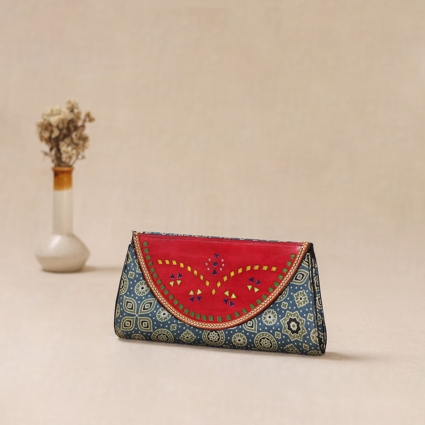 Blue - Traditional Kutch Mashru Silk Leather Flap Clutch / Wallet 33