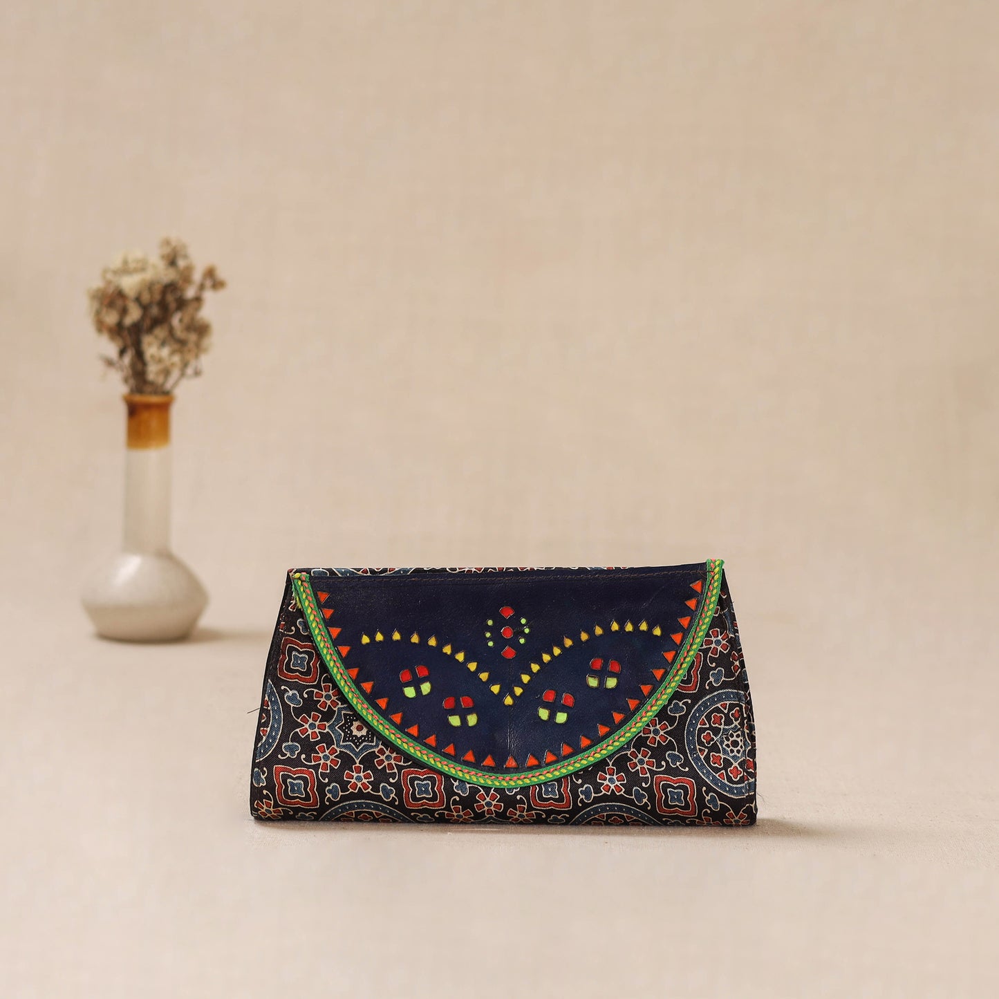 Black - Traditional Kutch Mashru Silk Leather Flap Clutch / Wallet 35