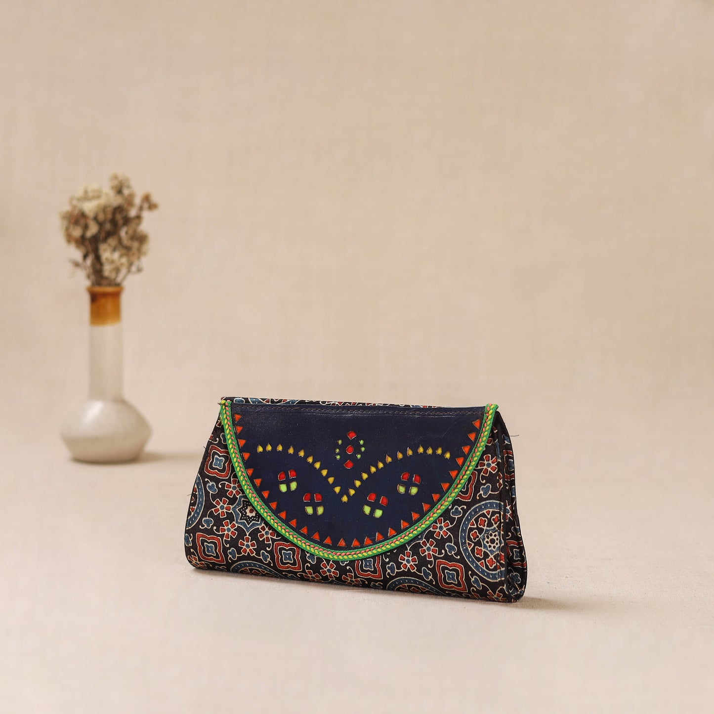 Black - Traditional Kutch Mashru Silk Leather Flap Clutch / Wallet 35