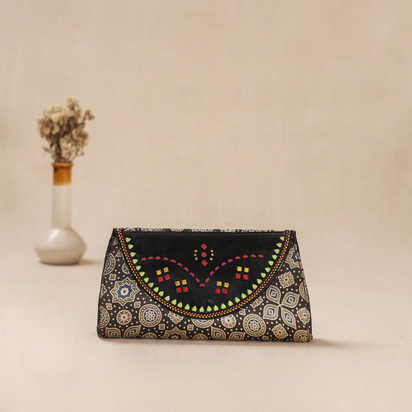 Traditional Kutch Mashru Silk Leather Flap Clutch / Wallet 36