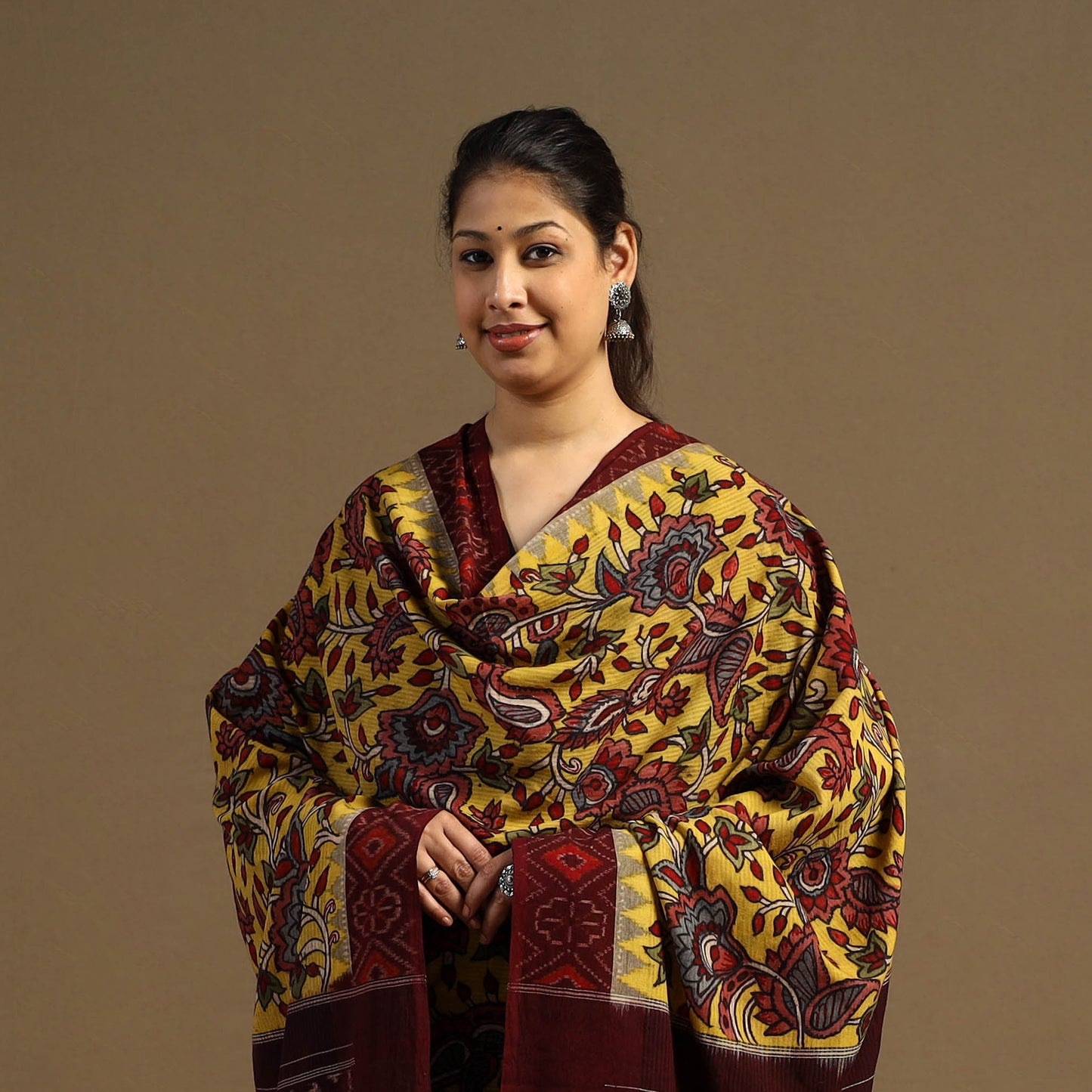 Pen Work Cotton Ikat Border Handpainted Kalamkari Dupatta