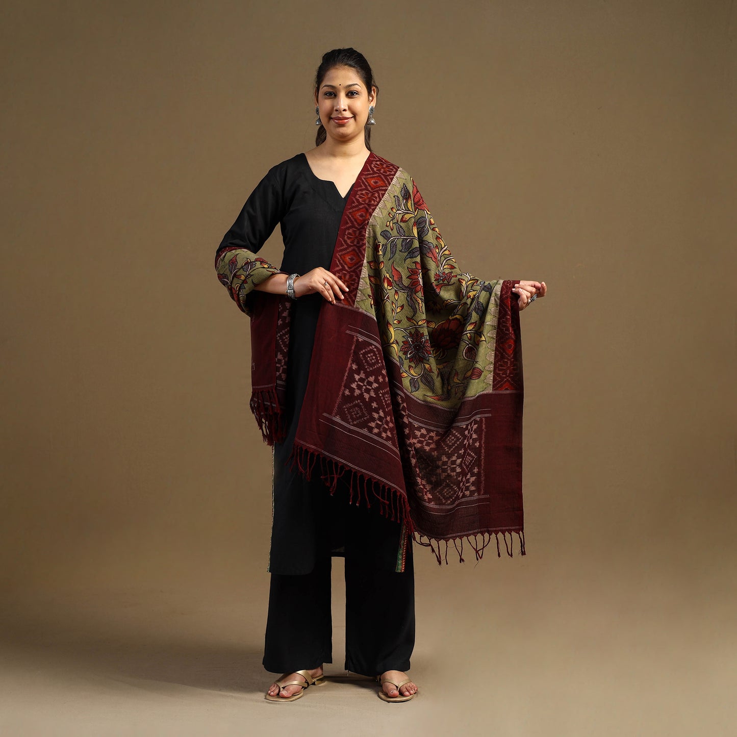 Pen Work Cotton Ikat Border Handpainted Kalamkari Dupatta