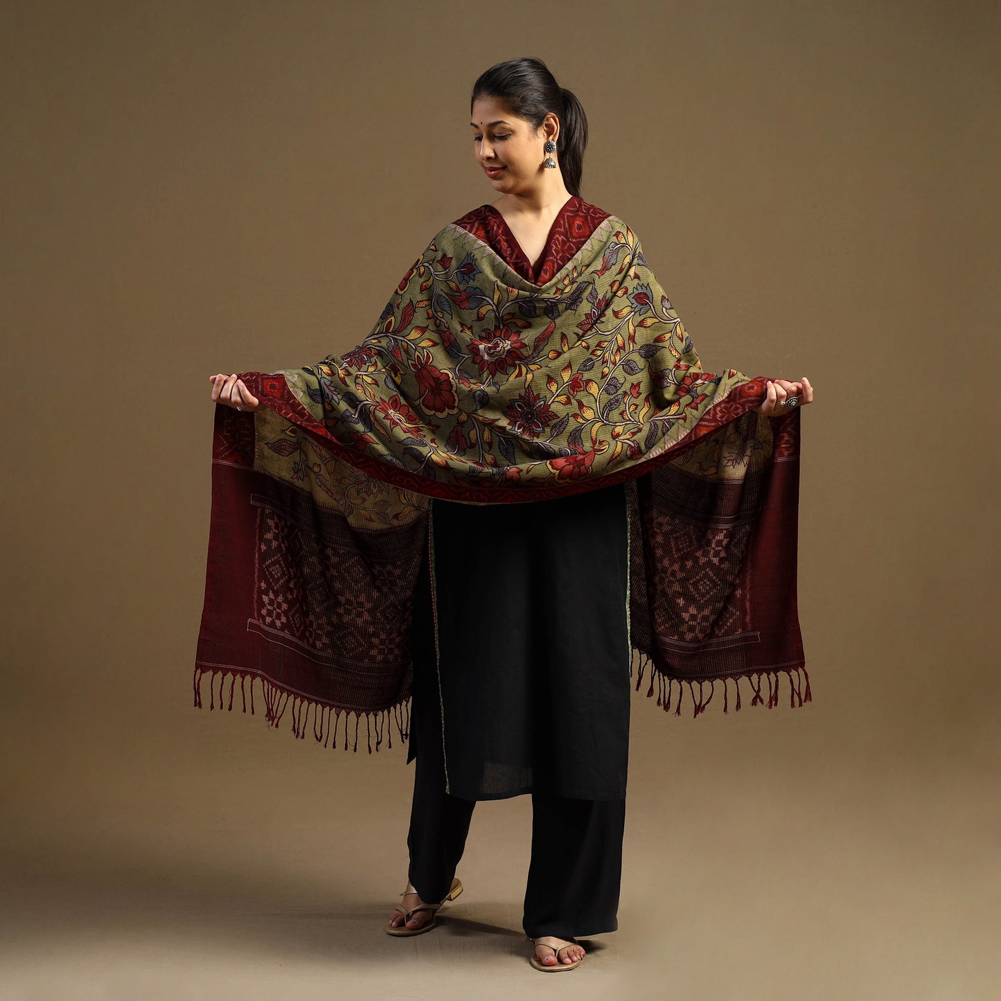 Pen Work Cotton Ikat Border Handpainted Kalamkari Dupatta