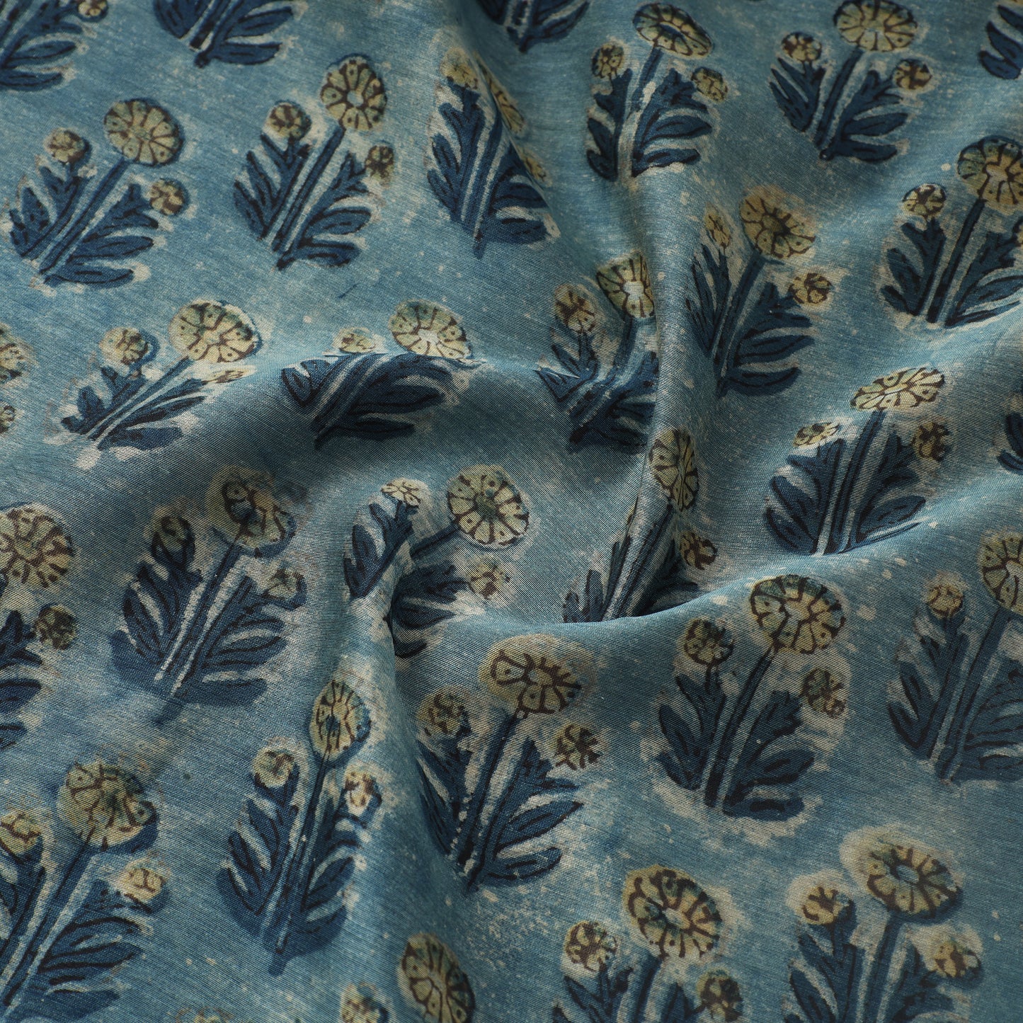 Green - Bagru Dabu Block Printed Natural Dyed Chanderi Silk Fabric 06