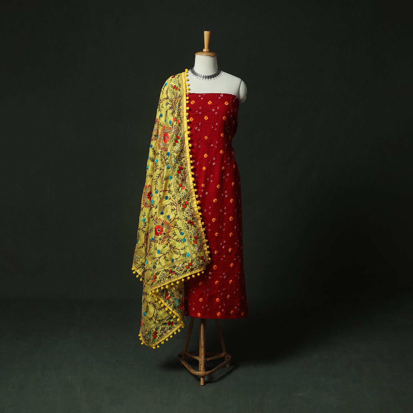 Red - Kutch Bandhani Tie-Dye Cotton 2pc Unstitched Dress Material Kurta Set with Earrings 28