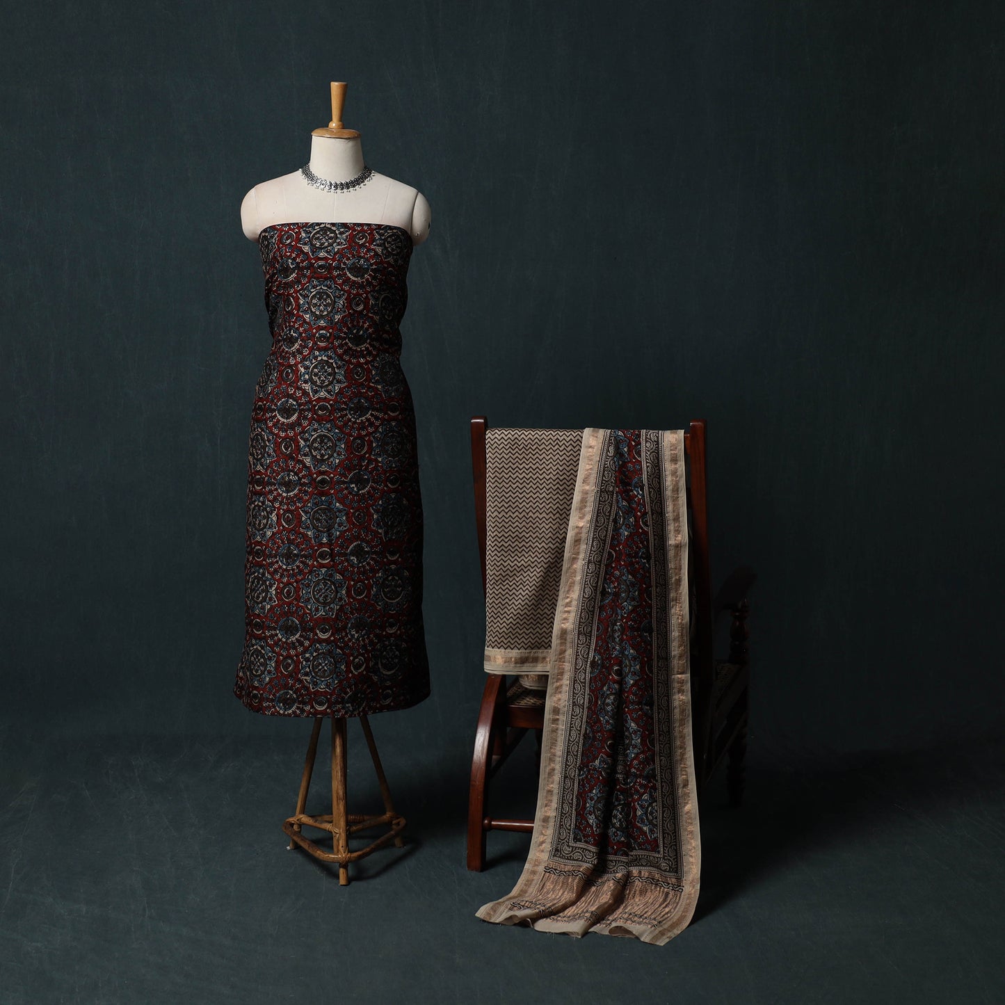 Indigo Bagh Hand Block Print Maheshwari Silk 3pc Unstitched Dress Material Suit Set 50