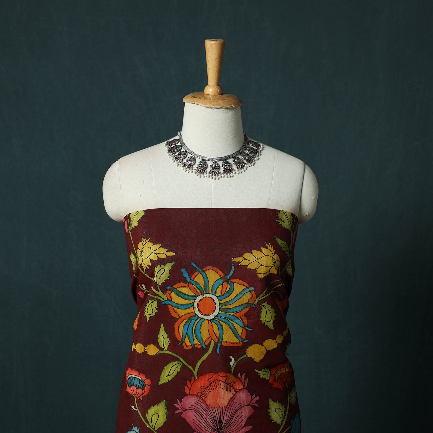 Handpainted Srikalahasti Pen Work Kalamkari Bangalore Silk 2pc Unstitched Dress Material Kurta Set 14