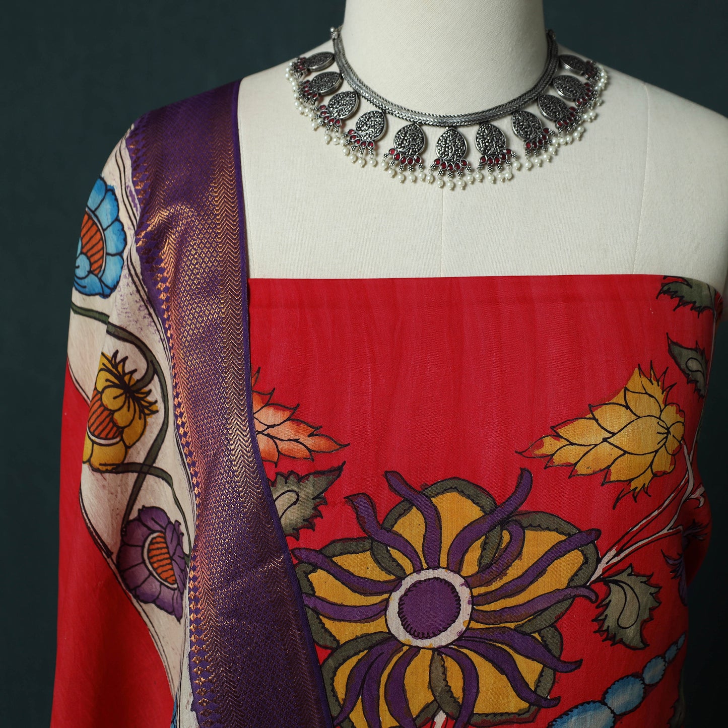 Handpainted Srikalahasti Pen Work Kalamkari Bangalore Silk 2pc Unstitched Dress Material Kurta Set 15