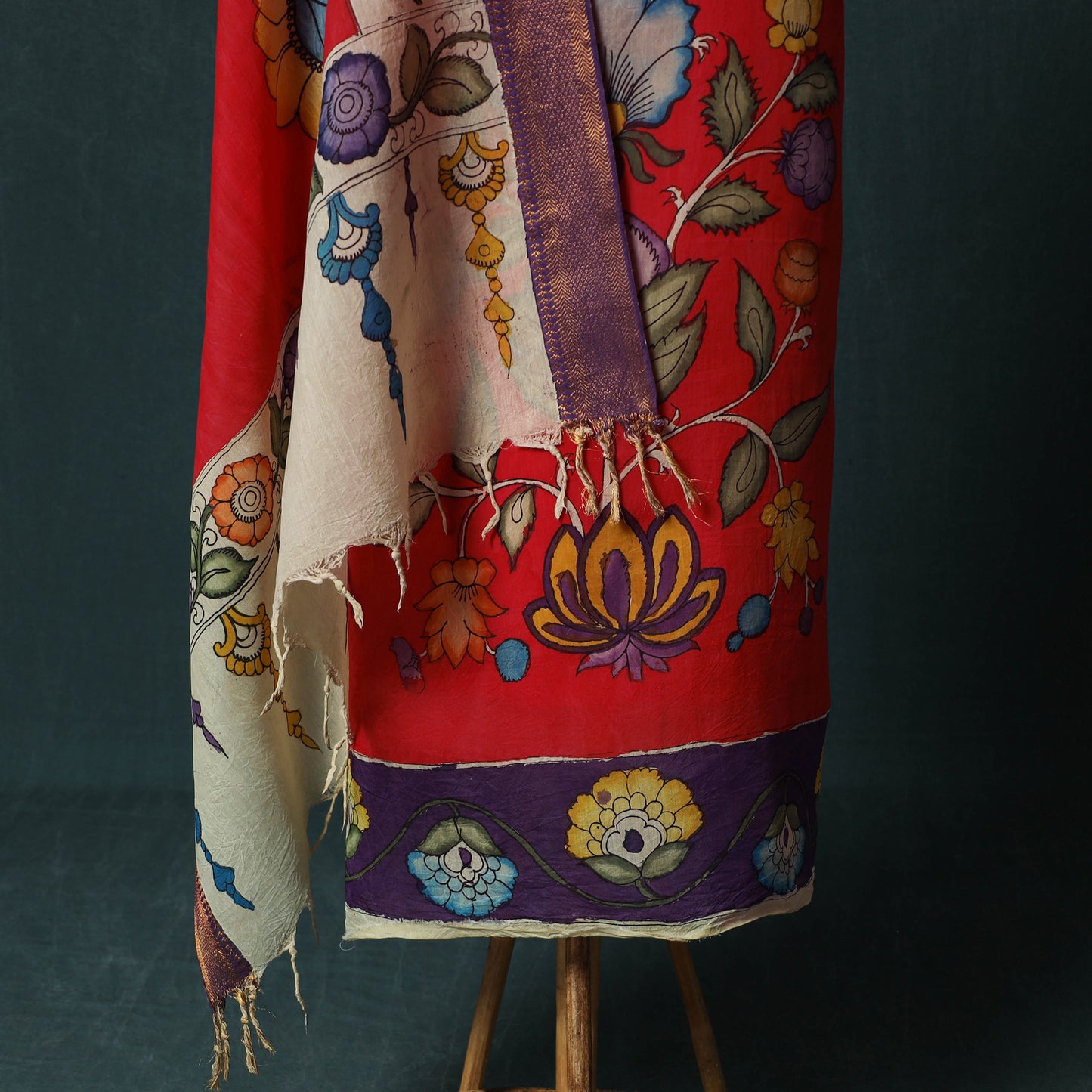 Handpainted Srikalahasti Pen Work Kalamkari Bangalore Silk 2pc Unstitched Dress Material Kurta Set 15