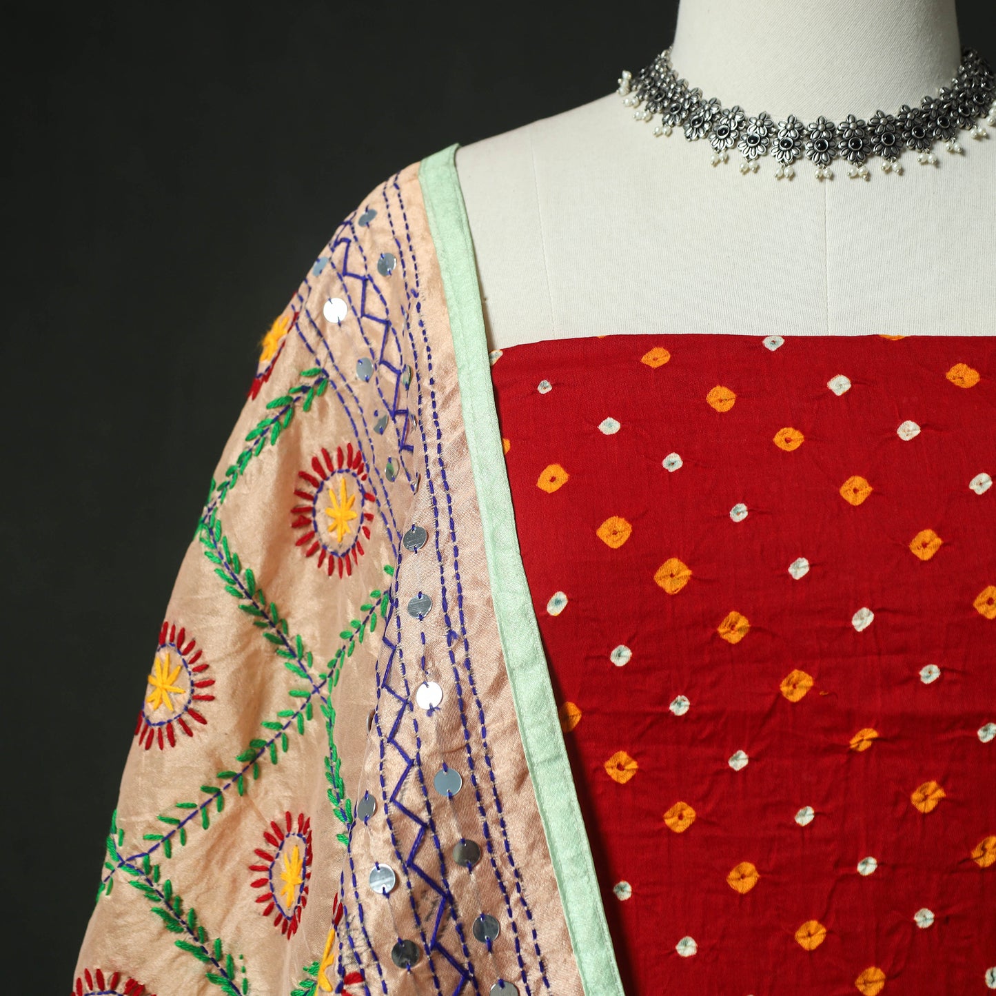 Red - Kutch Bandhani Tie-Dye Cotton 2pc Unstitched Dress Material Kurta Set with Earrings 31