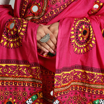Pink - Kutch Hand Embroidery Mirror Work Printed Cotton Dupatta 45