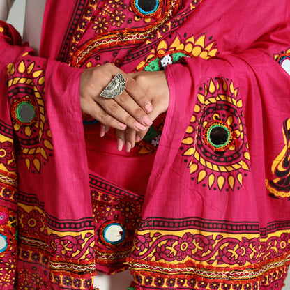 Pink - Kutch Hand Embroidery Mirror Work Printed Cotton Dupatta 46