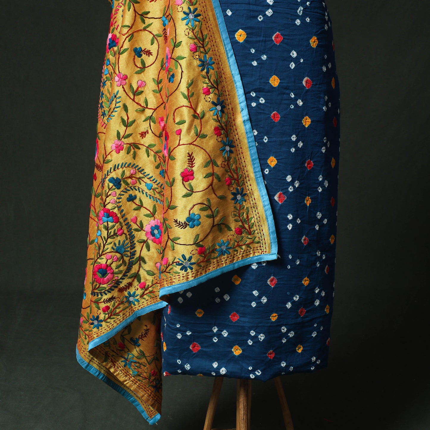 Blue - Kutch Bandhani Tie-Dye Cotton 2pc Unstitched Dress Material Kurta Set with Earrings 35