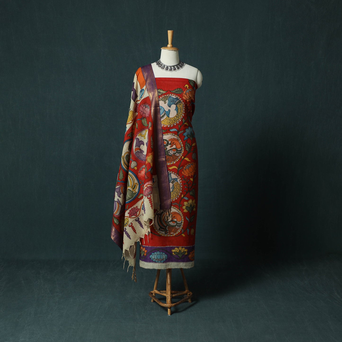 Handpainted Srikalahasti Pen Work Kalamkari Bangalore Silk 2pc Unstitched Dress Material Kurta Set 21