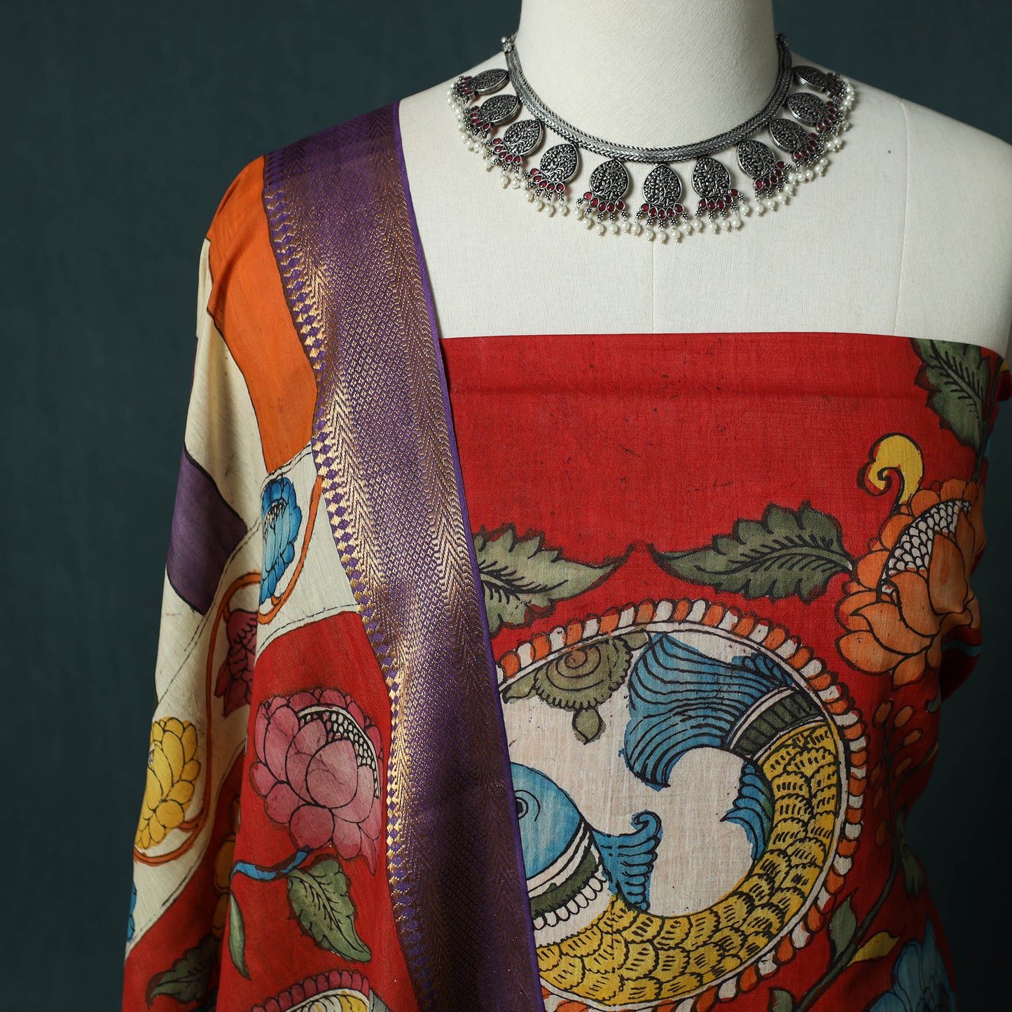 Handpainted Srikalahasti Pen Work Kalamkari Bangalore Silk 2pc Unstitched Dress Material Kurta Set 21