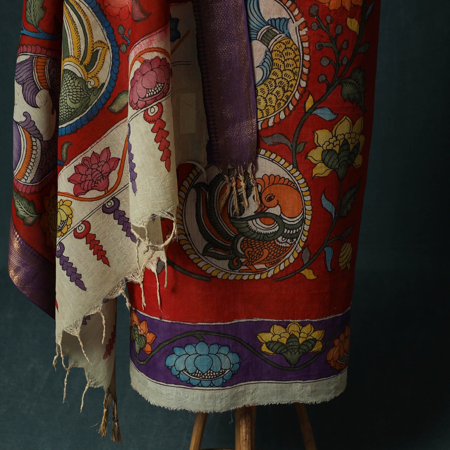 Handpainted Srikalahasti Pen Work Kalamkari Bangalore Silk 2pc Unstitched Dress Material Kurta Set 21