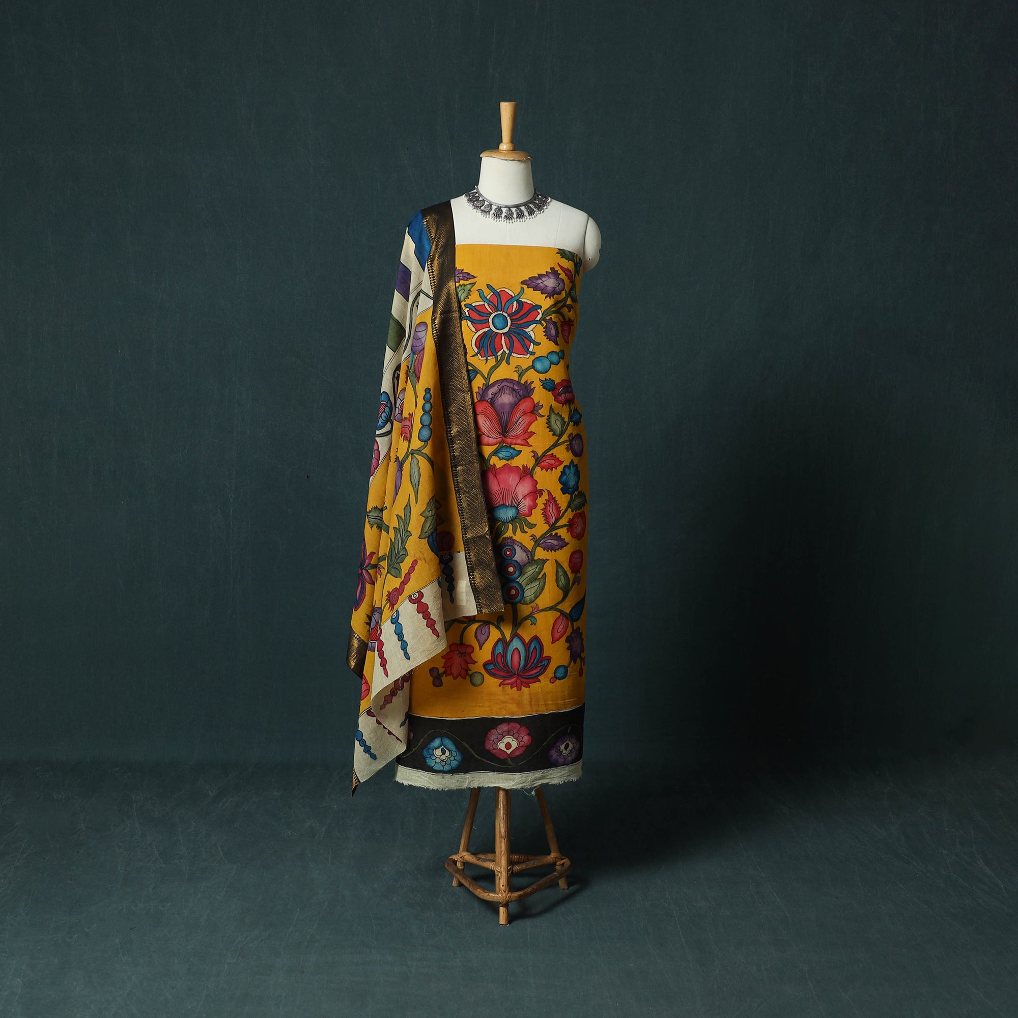 Yellow Handpainted Srikalahasti Pen Work Kalamkari Bangalore Silk 2pc Unstitched Dress Material Kurta Set
