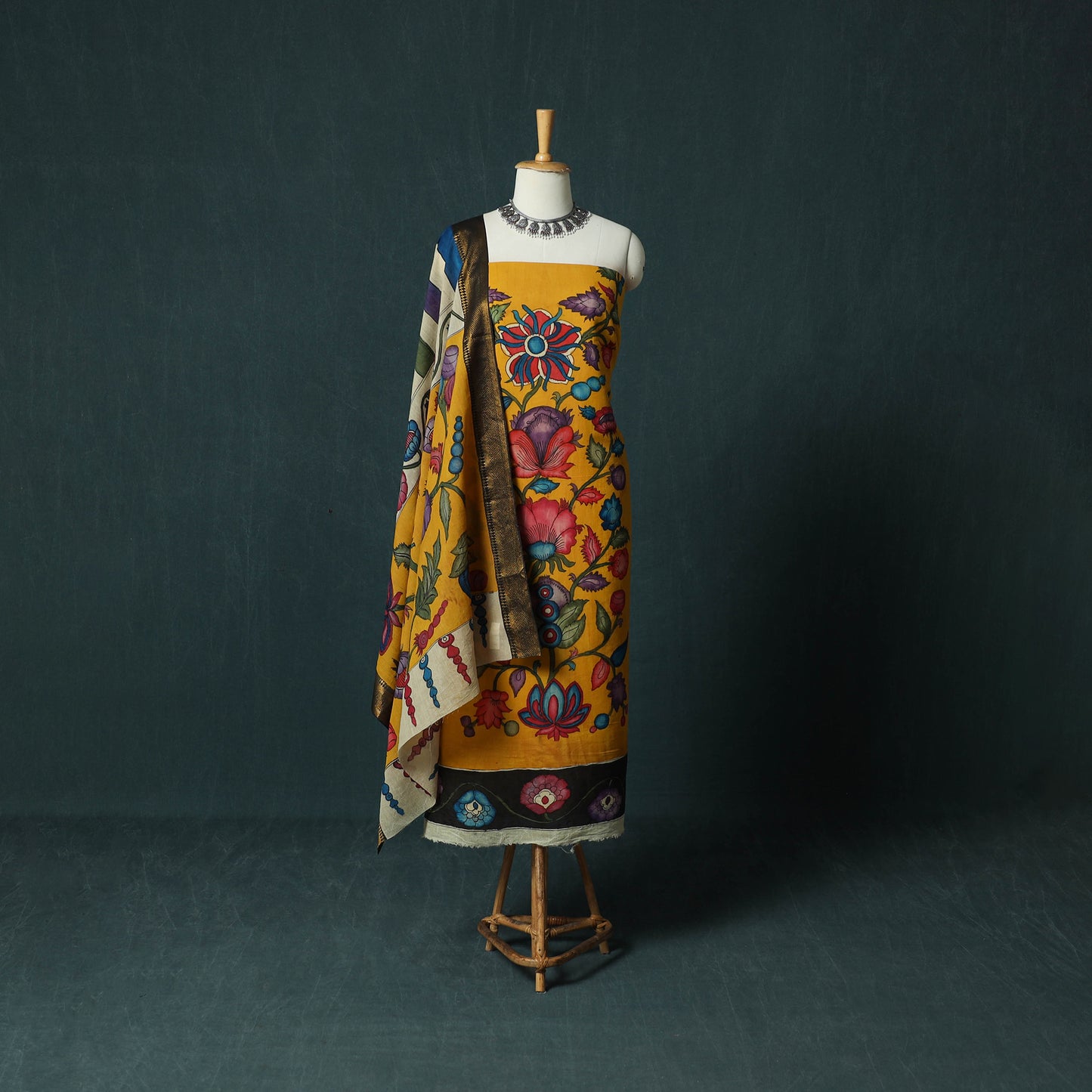 Handpainted Srikalahasti Pen Work Kalamkari Bangalore Silk 2pc Unstitched Dress Material Kurta Set 25
