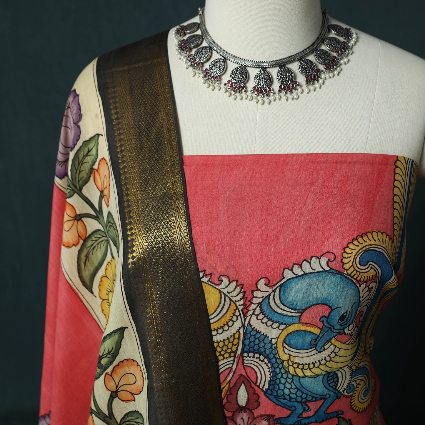 Handpainted Srikalahasti Pen Work Kalamkari Bangalore Silk 2pc Unstitched Dress Material Kurta Set 26