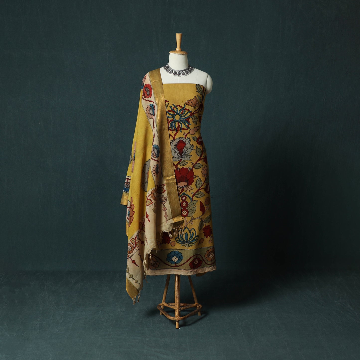 Handpainted Srikalahasti Pen Work Kalamkari Natural Dyed Bangalore Silk 2pc Unstitched Dress Material Kurta Set 29
