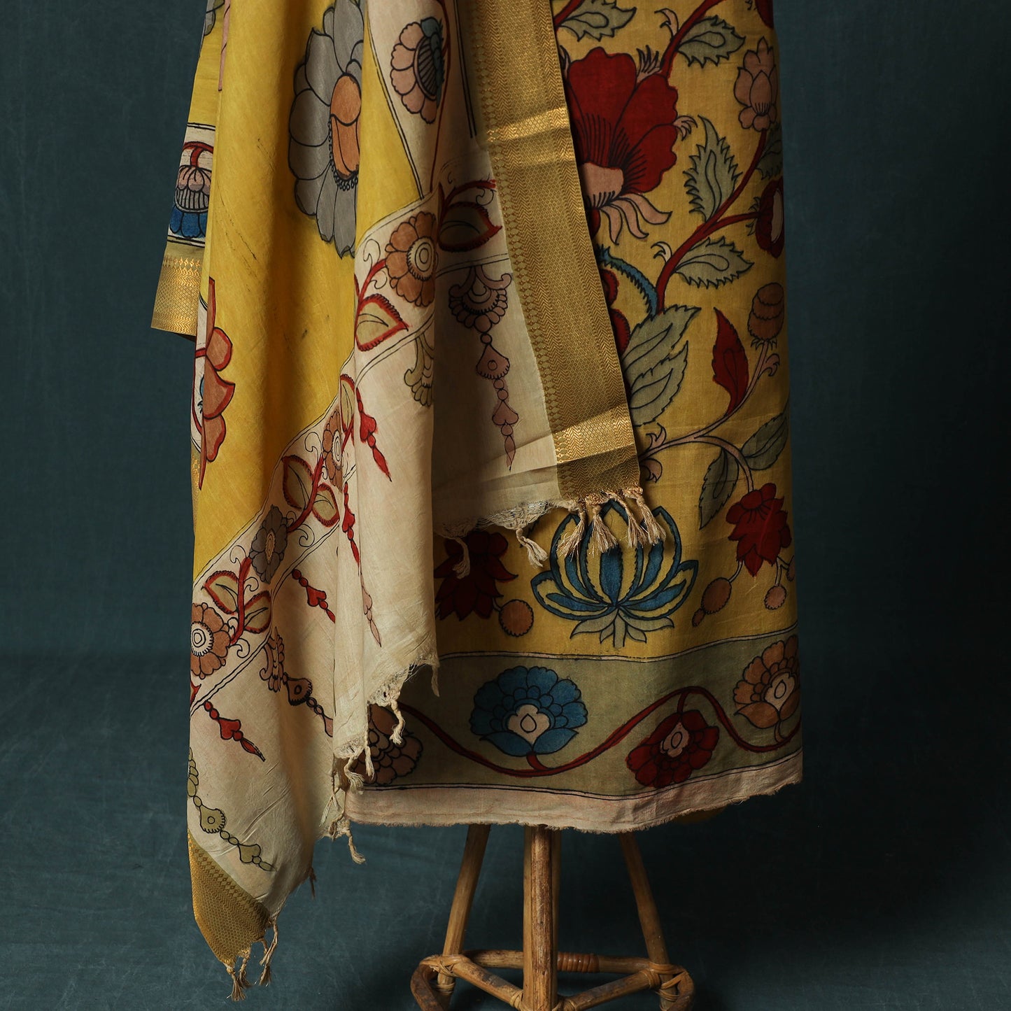 Handpainted Srikalahasti Pen Work Kalamkari Natural Dyed Bangalore Silk 2pc Unstitched Dress Material Kurta Set 29