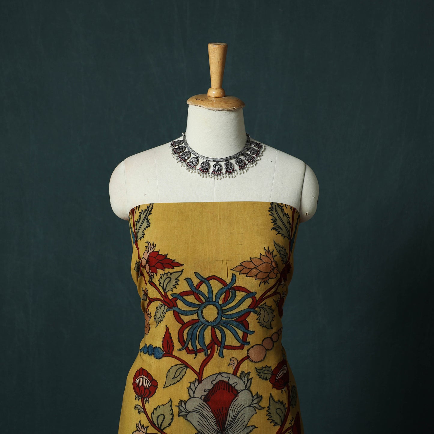 Handpainted Srikalahasti Pen Work Kalamkari Natural Dyed Bangalore Silk 2pc Unstitched Dress Material Kurta Set 29