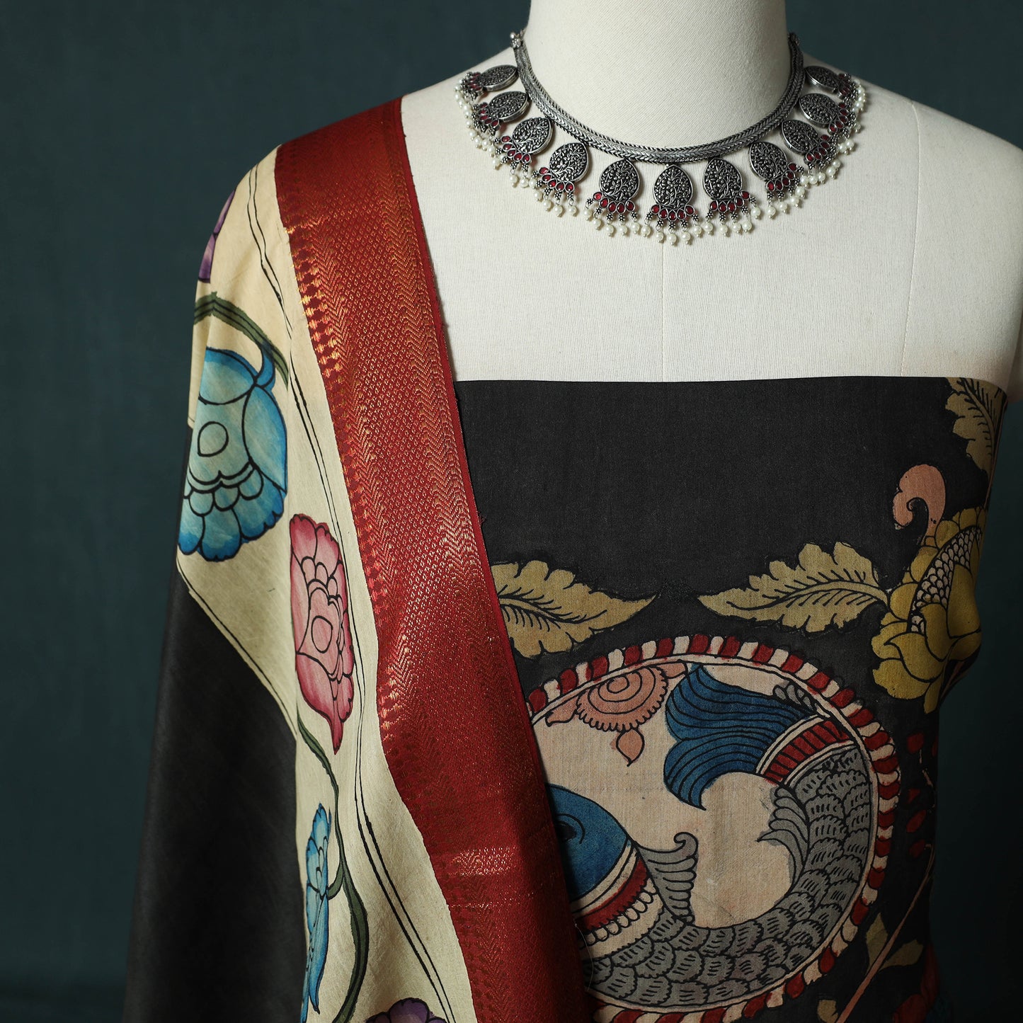 Handpainted Srikalahasti Pen Work Kalamkari Natural Dyed Bangalore Silk 2pc Unstitched Dress Material Kurta Set 30