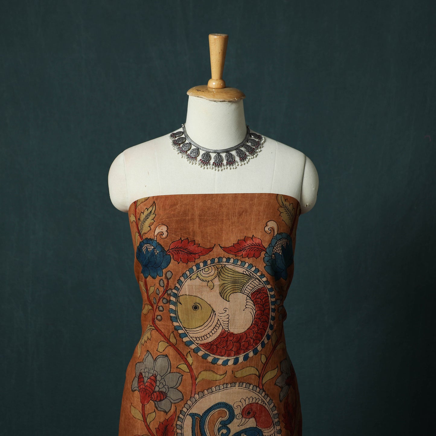 Handpainted Srikalahasti Pen Work Kalamkari Natural Dyed Bangalore Silk 2pc Unstitched Dress Material Kurta Set 31