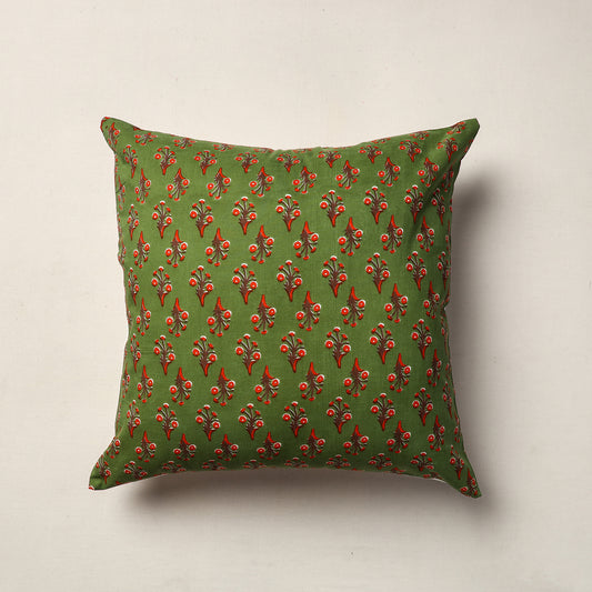 Green - Sanganeri Block Printed Cotton Cushion Cover (16 x 16 in)