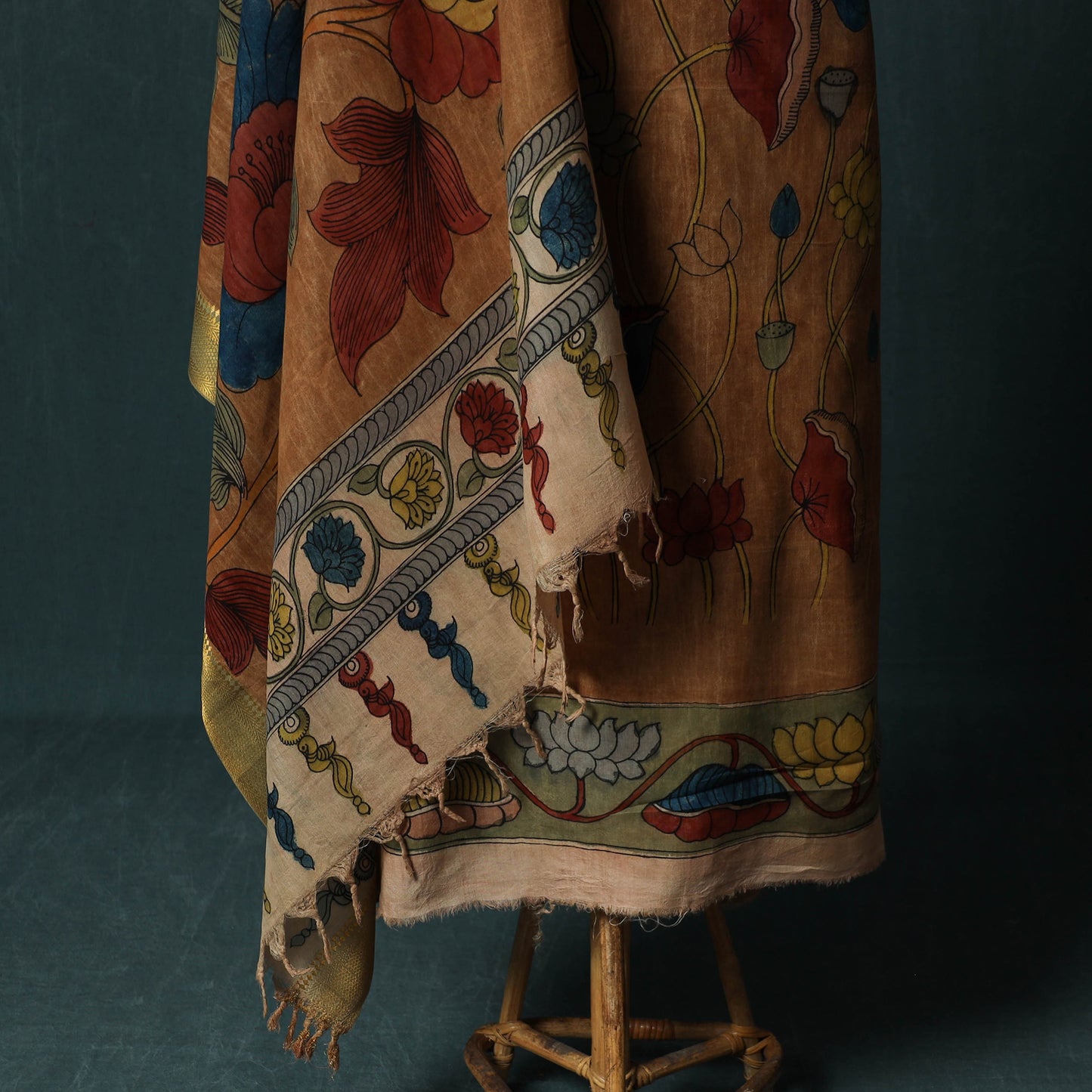 Handpainted Srikalahasti Pen Work Kalamkari Natural Dyed Bangalore Silk 2pc Unstitched Dress Material Kurta Set 32