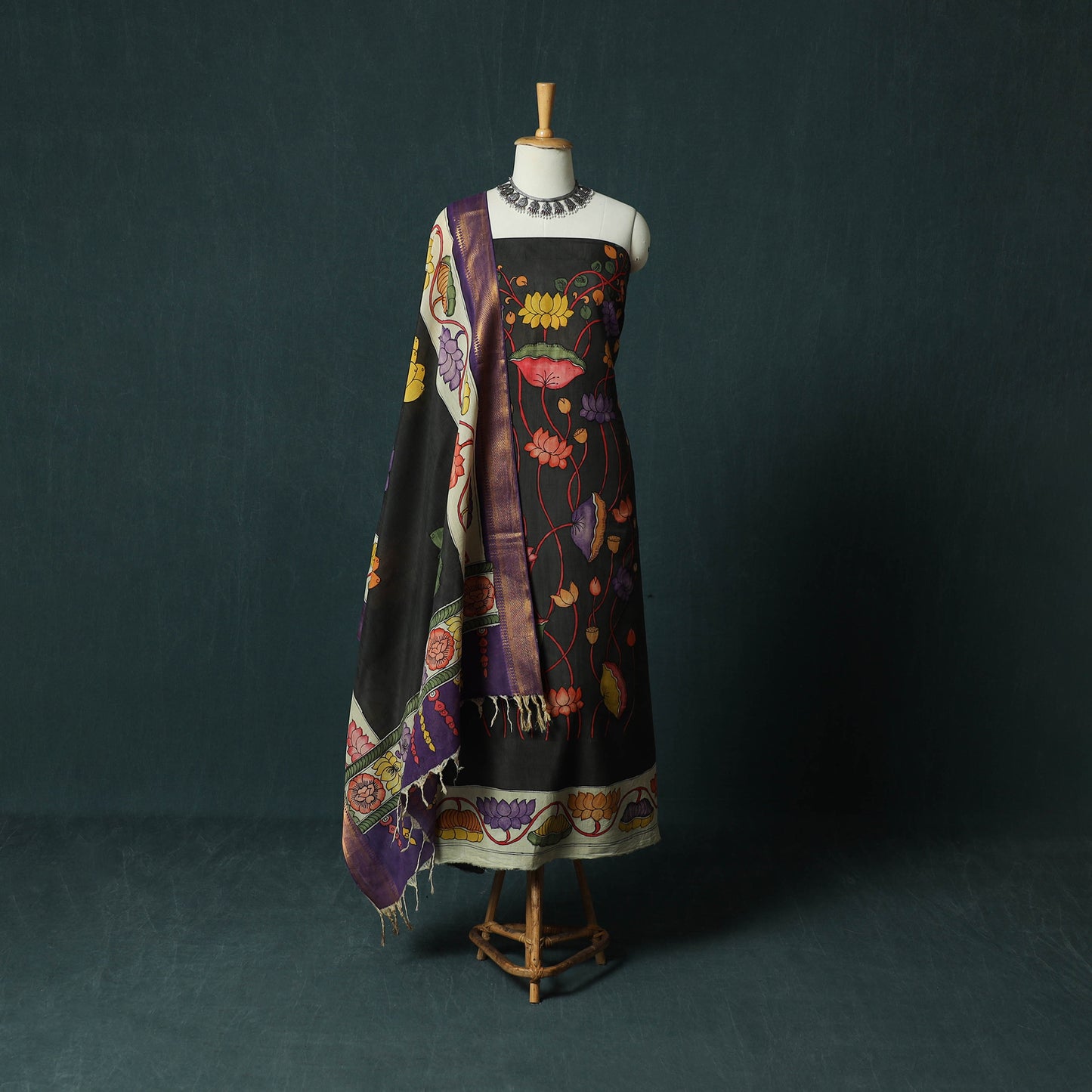Handpainted Srikalahasti Pen Work Kalamkari Natural Dyed Bangalore Silk 2pc Unstitched Dress Material Kurta Set 33