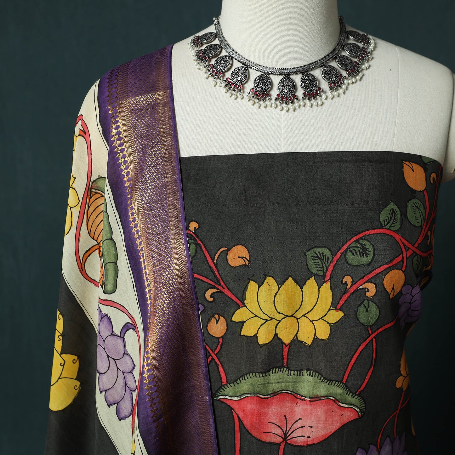 Handpainted Srikalahasti Pen Work Kalamkari Natural Dyed Bangalore Silk 2pc Unstitched Dress Material Kurta Set 33