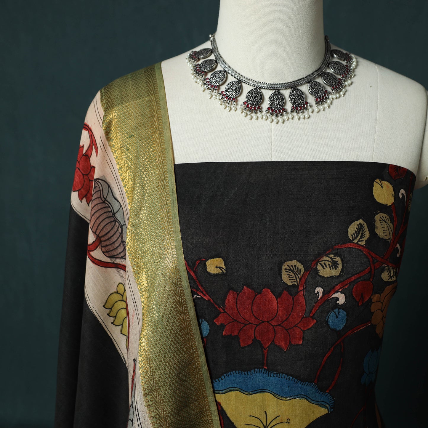 Handpainted Srikalahasti Pen Work Kalamkari Natural Dyed Bangalore Silk 2pc Unstitched Dress Material Kurta Set 34