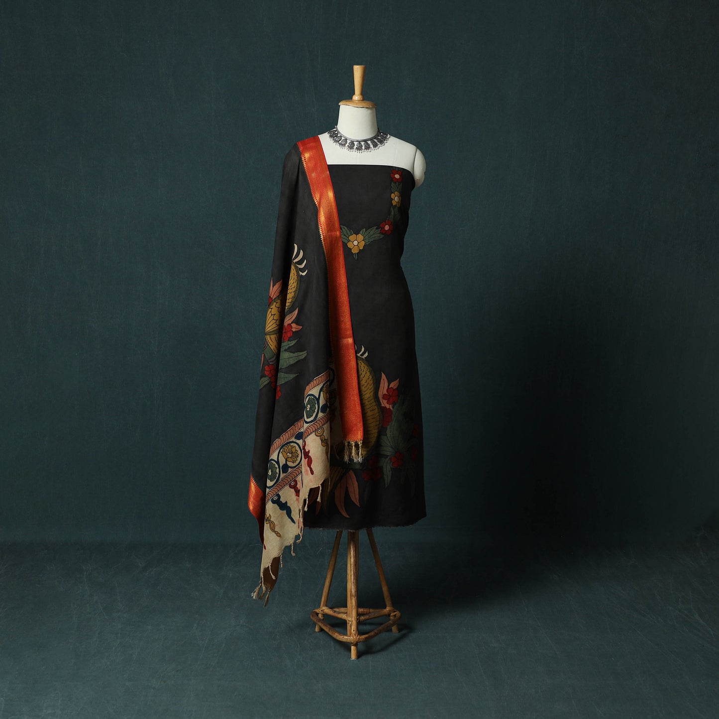Handpainted Srikalahasti Pen Work Kalamkari Natural Dyed Bangalore Silk 2pc Unstitched Dress Material Kurta Set 35